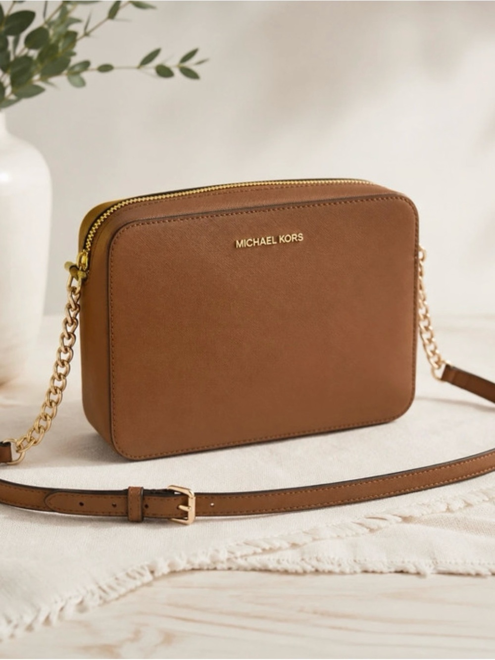 Michael Kors Tan Leather Chain-Trim Crossbody Bag